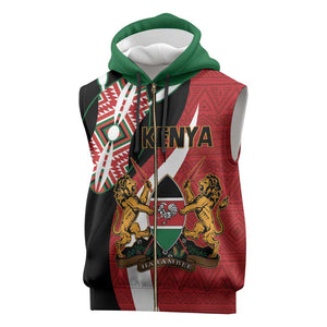 Custom Kenya Football Sleeveless Zip Hoodie Maasai Shield Coat Of Arms Style - African Pride