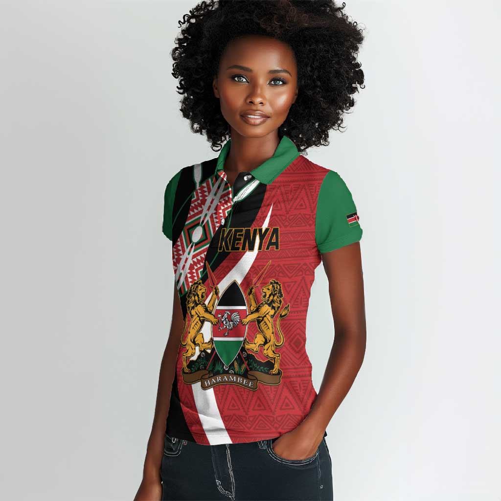 Custom Kenya Football Women Polo Shirt Maasai Shield Coat Of Arms Style