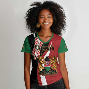 Custom Kenya Football Women V-Neck T-Shirt Maasai Shield Coat Of Arms Style