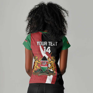 Custom Kenya Football Women V-Neck T-Shirt Maasai Shield Coat Of Arms Style