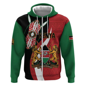 Custom Kenya Football Zip Hoodie Maasai Shield Coat Of Arms Style