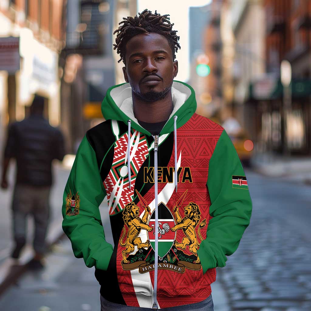 Custom Kenya Football Zip Hoodie Maasai Shield Coat Of Arms Style
