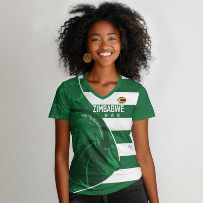 Zimbabwe Rugby Custom Women V-Neck T-Shirt Sables 3rd Champions Proud - African Pride