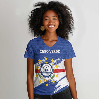 Personalized Cape Verde Women V-Neck T-Shirt Coat Of Arms - African Pattern