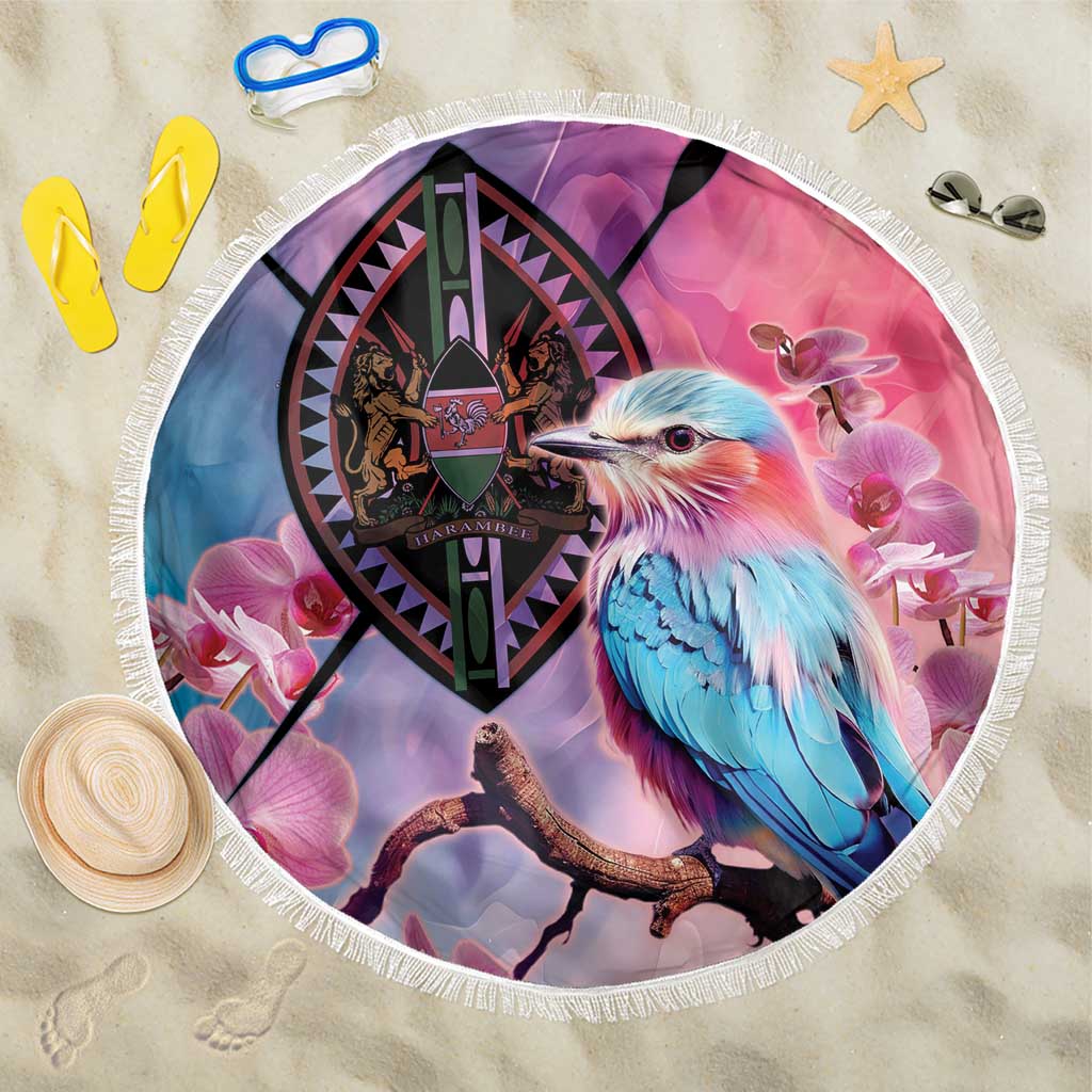 Kenya Lilac-Breasted Roller Beach Blanket Coat Of Arms Mix Orchid