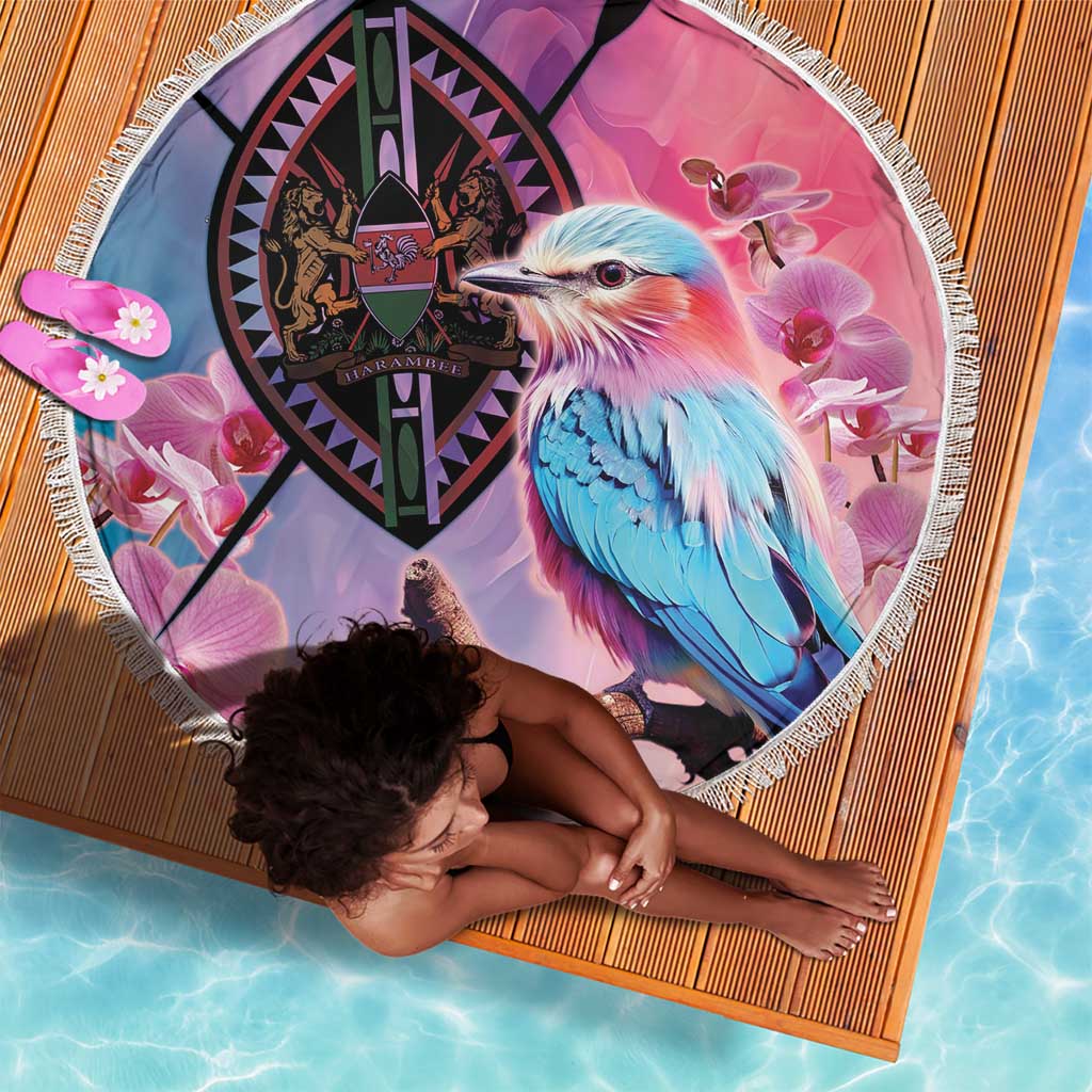 Kenya Lilac-Breasted Roller Beach Blanket Coat Of Arms Mix Orchid