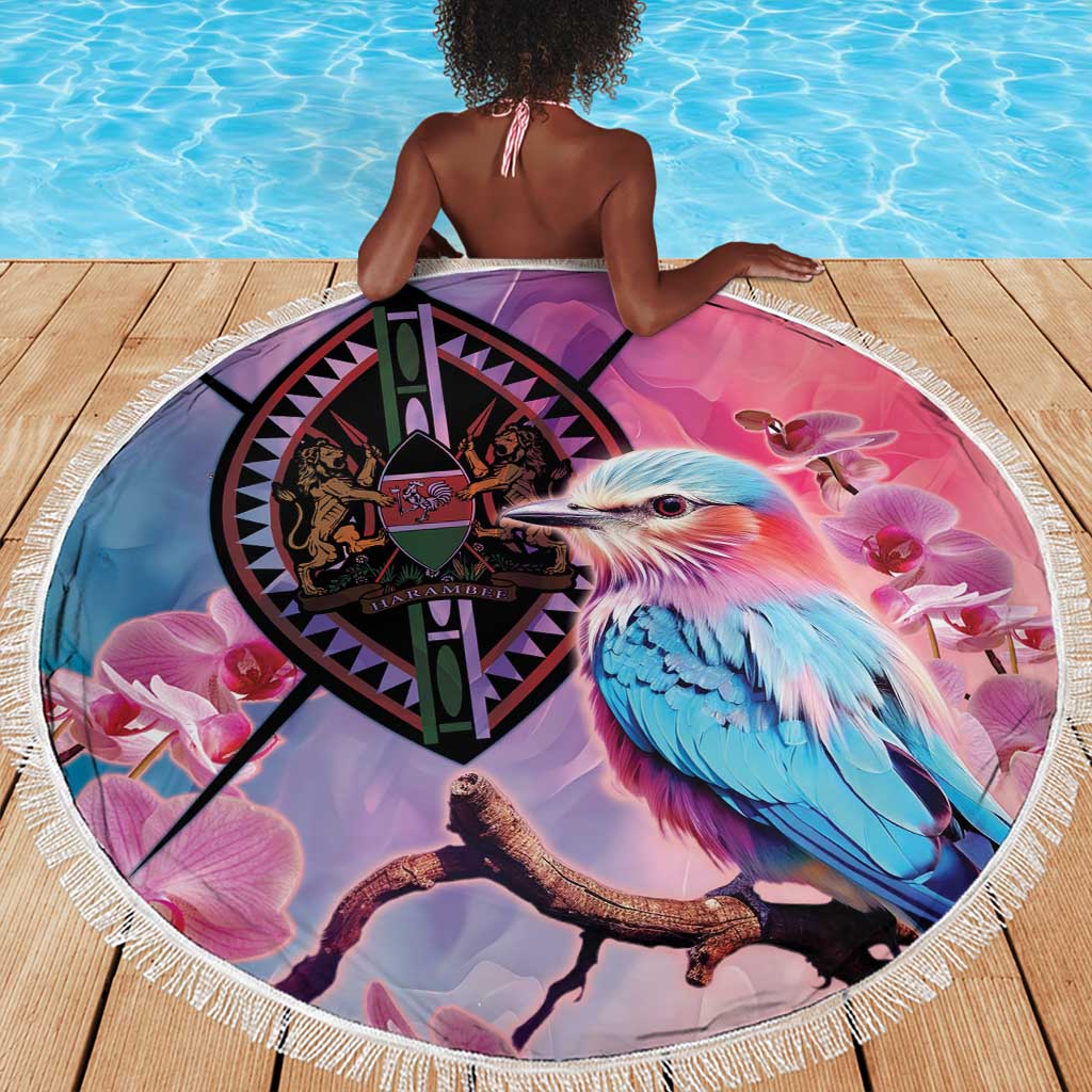 Kenya Lilac-Breasted Roller Beach Blanket Coat Of Arms Mix Orchid