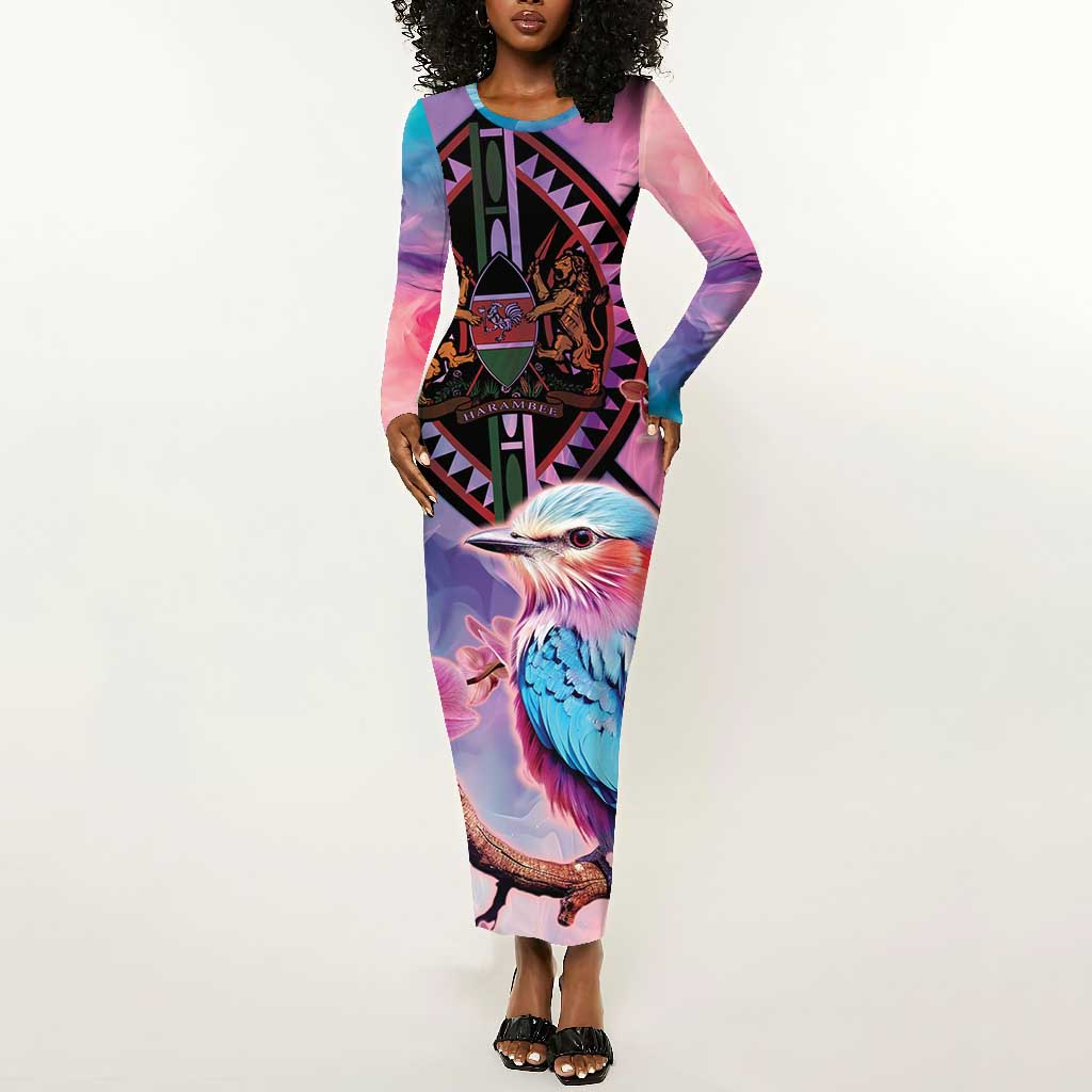 Kenya Lilac-Breasted Roller Long Sleeve Bodycon Dress Coat Of Arms Mix Orchid LT14