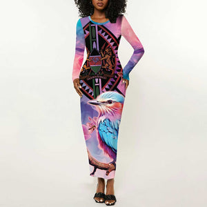 Kenya Lilac-Breasted Roller Long Sleeve Bodycon Dress Coat Of Arms Mix Orchid LT14