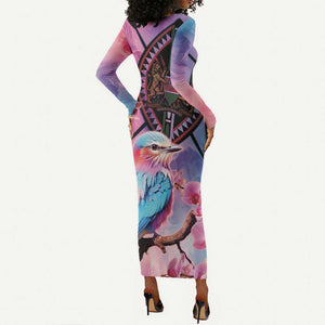 Kenya Lilac-Breasted Roller Long Sleeve Bodycon Dress Coat Of Arms Mix Orchid LT14