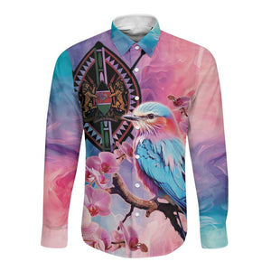 Kenya Lilac-Breasted Roller Long Sleeve Button Shirt Coat Of Arms Mix Orchid