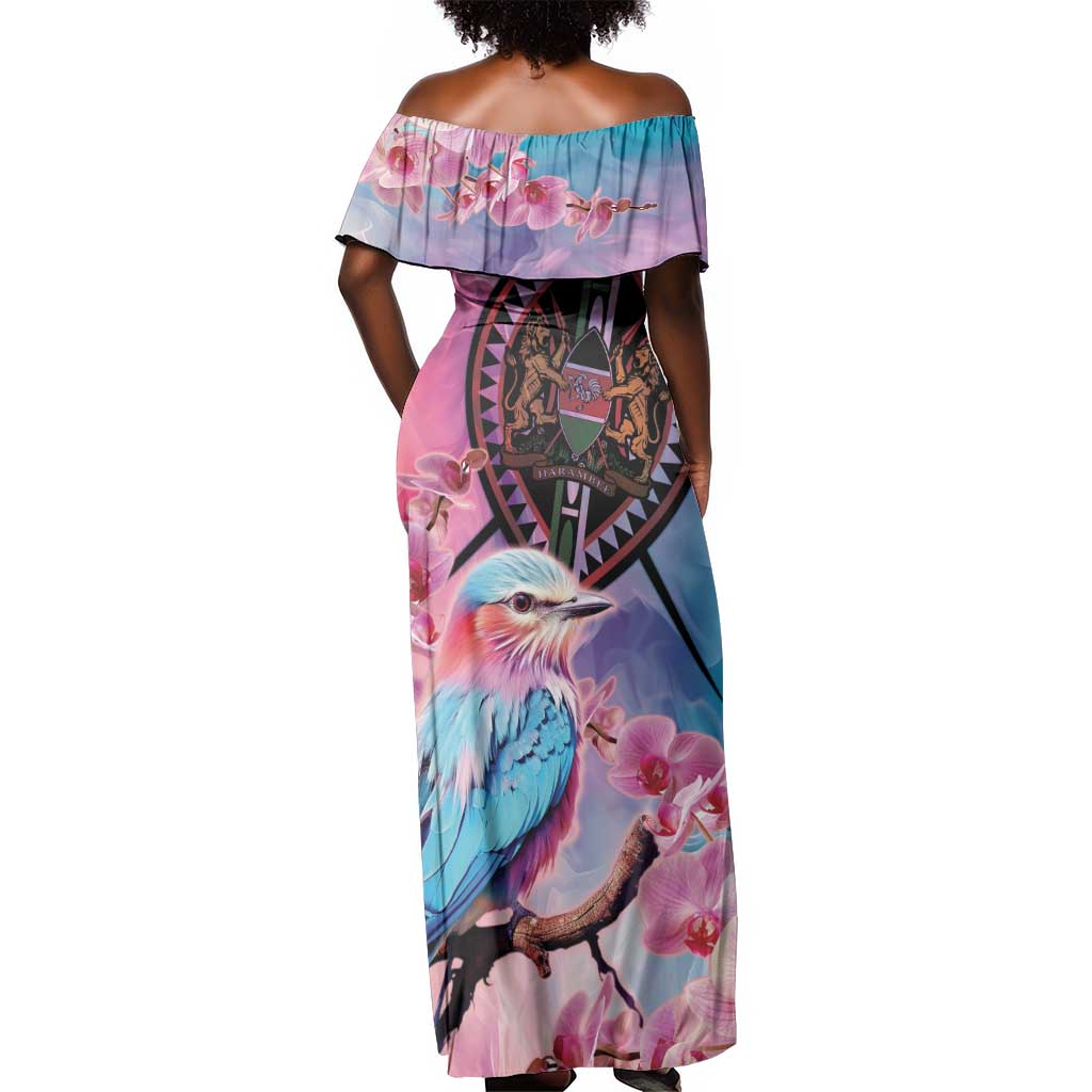Kenya Lilac-Breasted Roller Off Shoulder Maxi Dress Coat Of Arms Mix Orchid