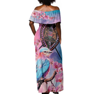Kenya Lilac-Breasted Roller Off Shoulder Maxi Dress Coat Of Arms Mix Orchid