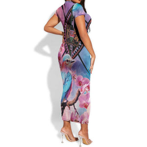 Kenya Lilac-Breasted Roller Short Sleeve Bodycon Dress Coat Of Arms Mix Orchid LT14