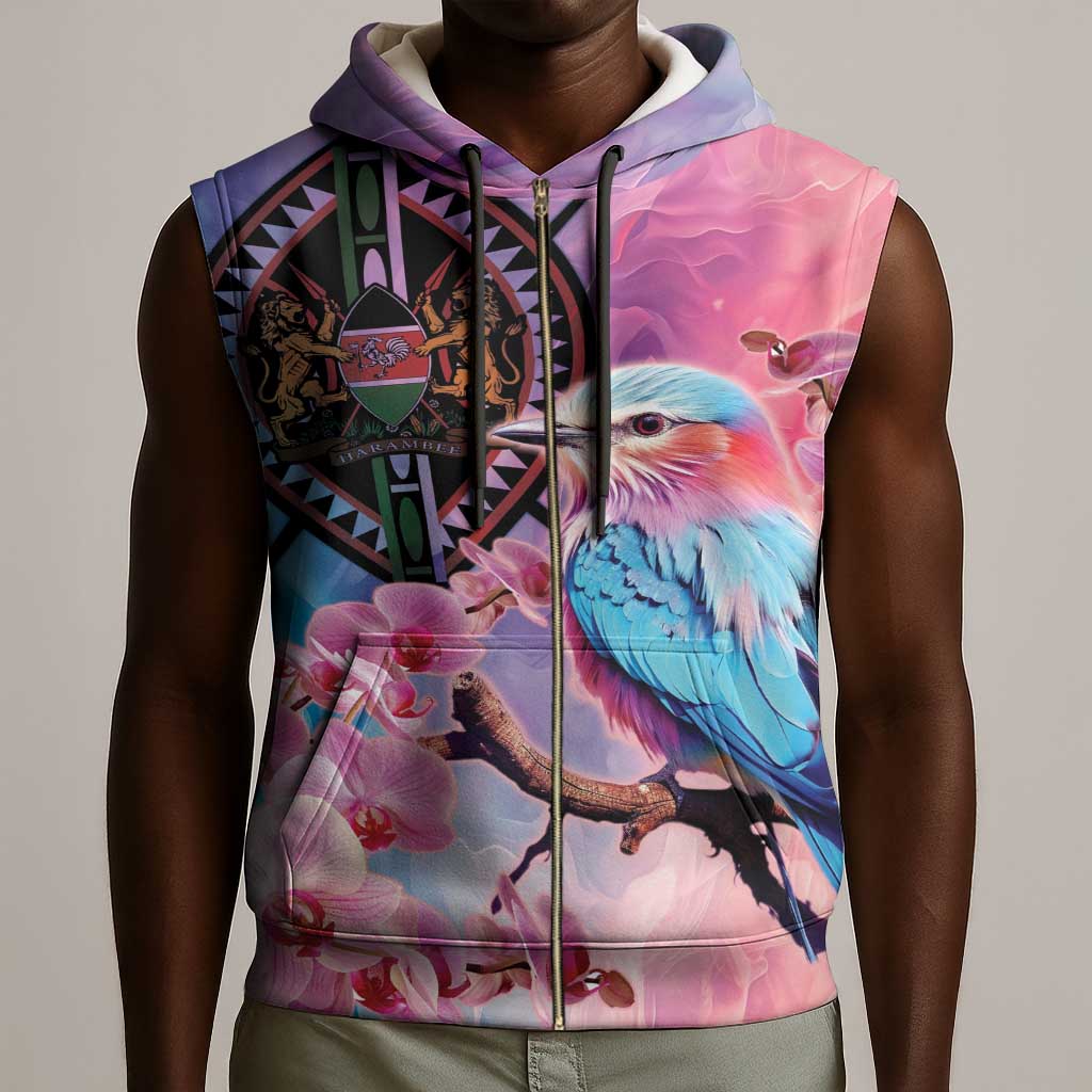 Kenya Lilac-Breasted Roller Sleeveless Zip Hoodie Coat Of Arms Mix Orchid - African Pride