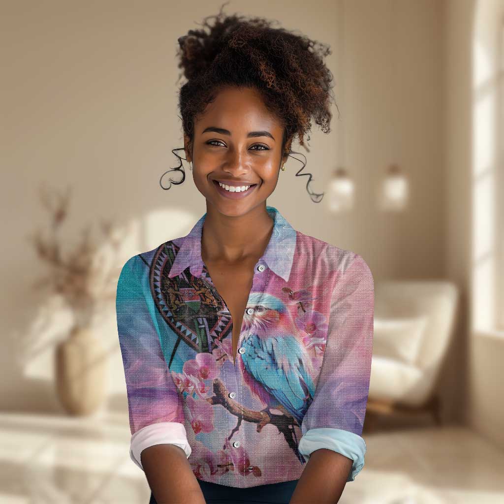 Kenya Lilac-Breasted Roller Women Casual Shirt Coat Of Arms Mix Orchid LT14