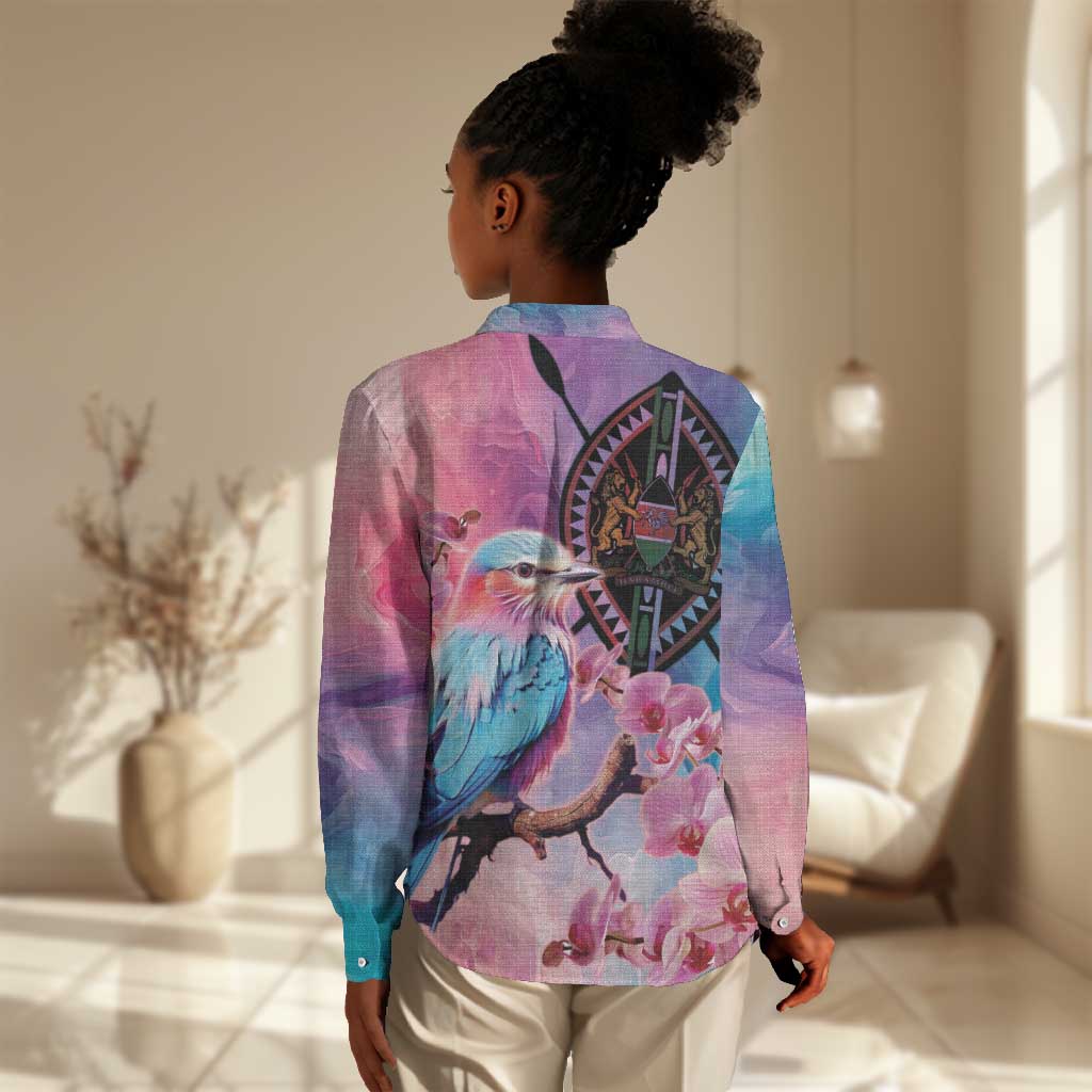 Kenya Lilac-Breasted Roller Women Casual Shirt Coat Of Arms Mix Orchid LT14