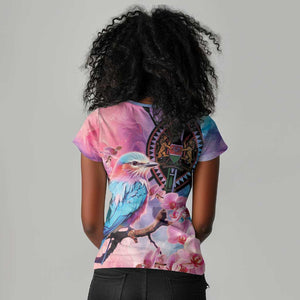 Kenya Lilac-Breasted Roller Women V-Neck T-Shirt Coat Of Arms Mix Orchid