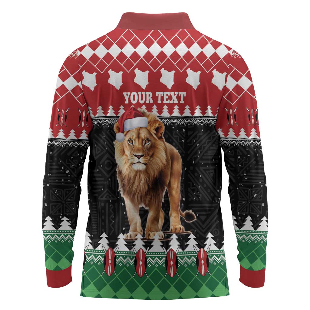 Personalized Kenya Christmas Long Sleeve Polo Shirt Lion Santa - Heri Ya Krismasi!