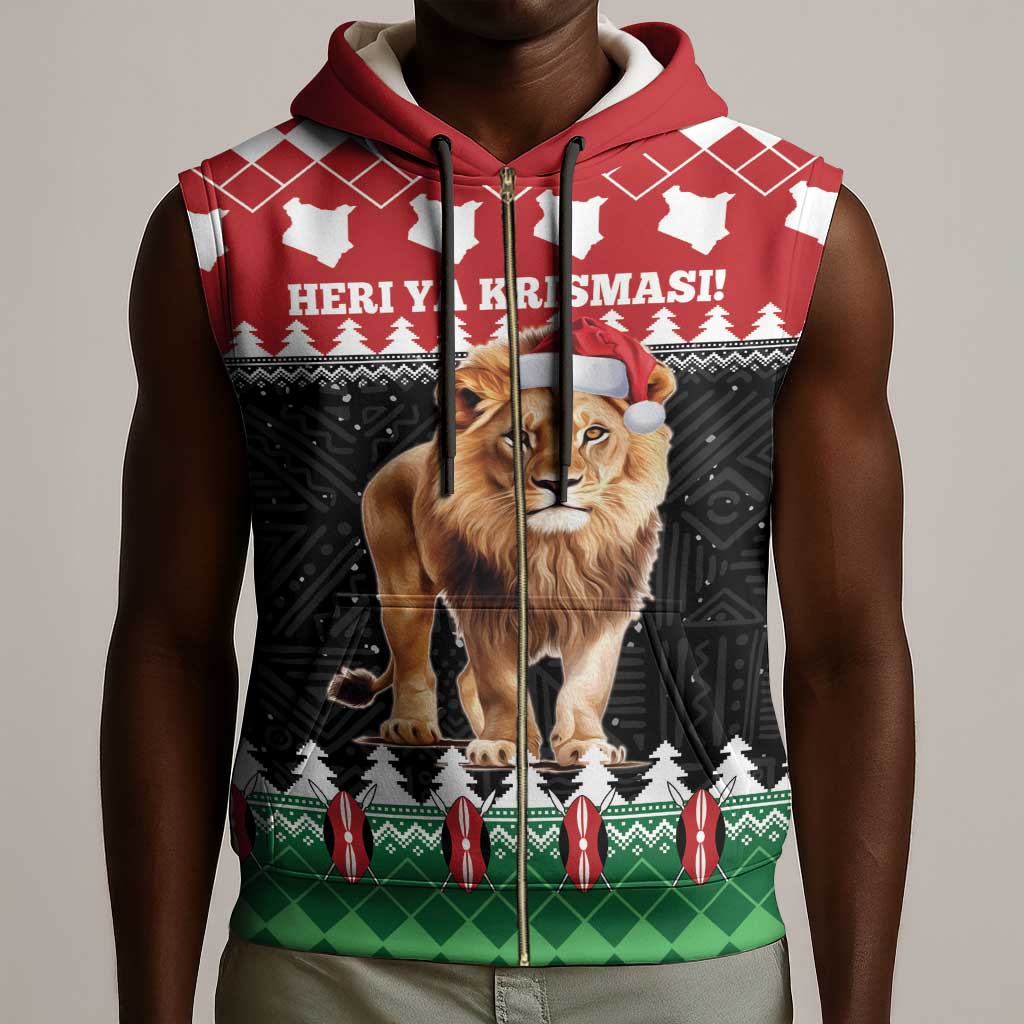 Personalized Kenya Christmas Sleeveless Zip Hoodie Lion Santa - Heri Ya Krismasi! - African Pride