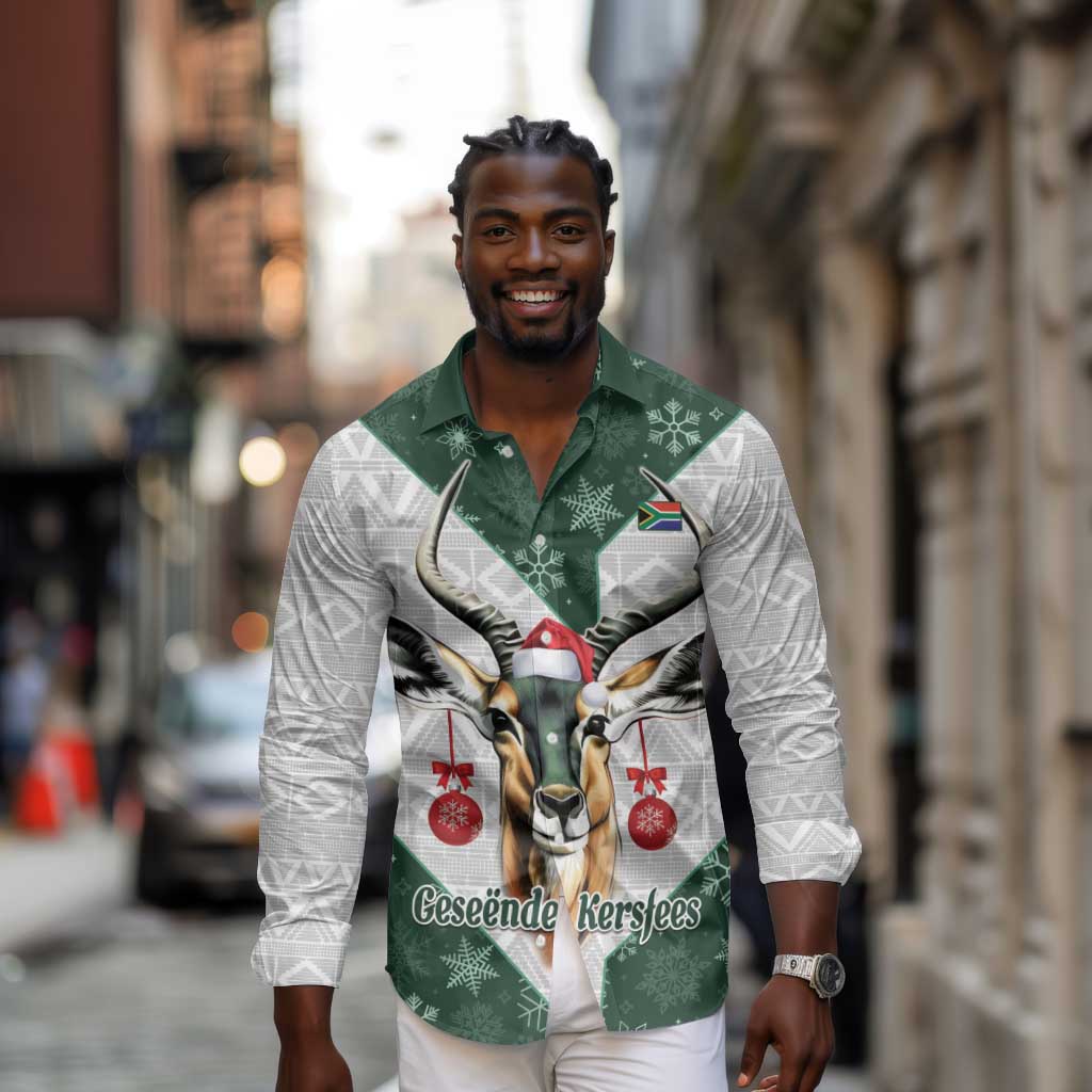South Africa Springboks Christmas Long Sleeve Button Shirt Bokke Santa - Geseende Kersfees