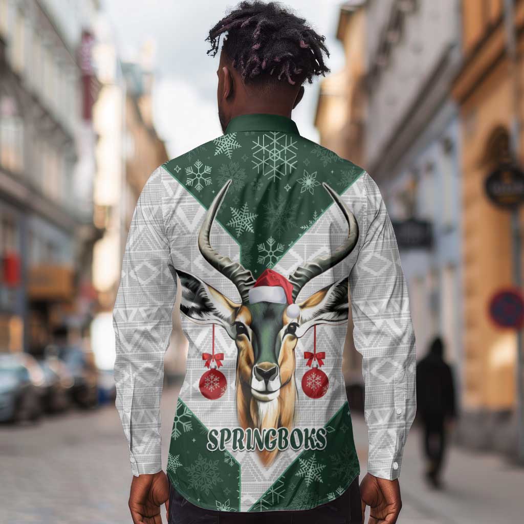South Africa Springboks Christmas Long Sleeve Button Shirt Bokke Santa - Geseende Kersfees