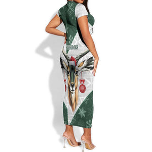 South Africa Springboks Christmas Short Sleeve Bodycon Dress Bokke Santa - Geseende Kersfees LT14