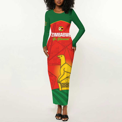 Afro Cricket Zimbabwe Custom Long Sleeve Bodycon Dress Go Chevrons 2003 Color - African Pride