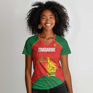 Afro Cricket Zimbabwe Custom Women V-Neck T-Shirt Go Chevrons 2003 Color - African Pride