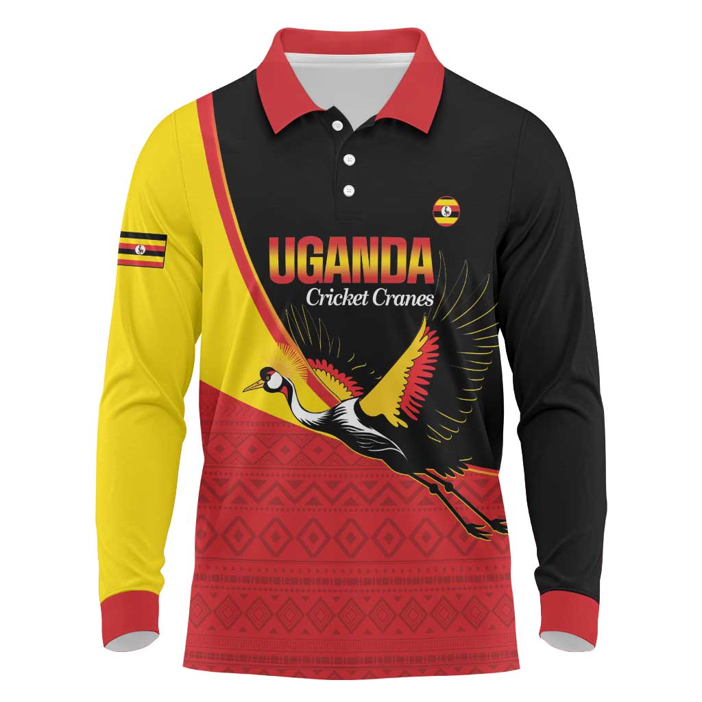 Afro Cricket Uganda Custom Long Sleeve Polo Shirt Go Cranes African Pattern - African Pride