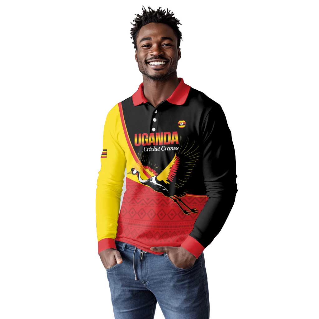Afro Cricket Uganda Custom Long Sleeve Polo Shirt Go Cranes African Pattern - African Pride