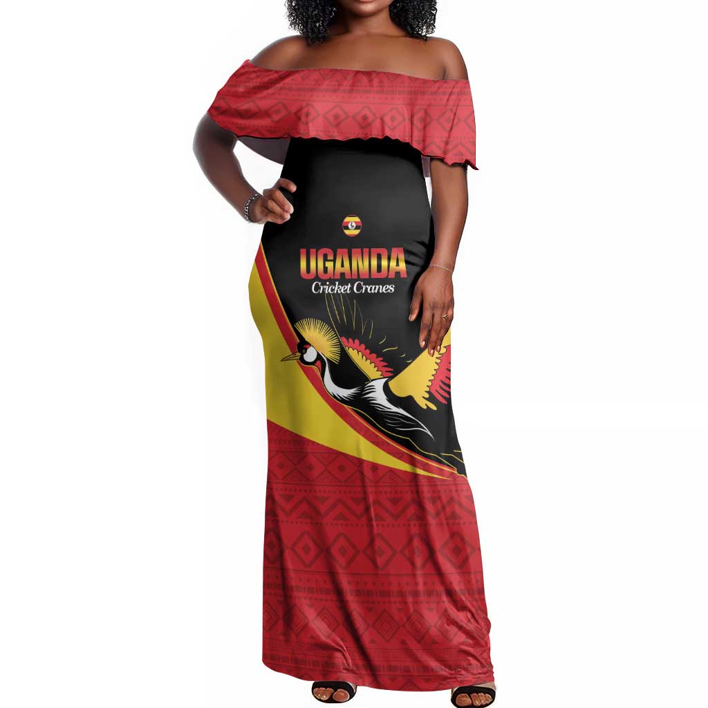 Afro Cricket Uganda Custom Off Shoulder Maxi Dress Go Cranes African Pattern - African Pride
