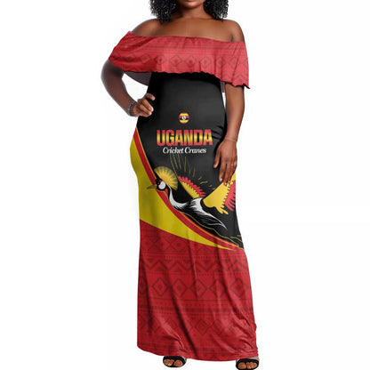 Afro Cricket Uganda Custom Off Shoulder Maxi Dress Go Cranes African Pattern - African Pride