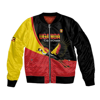 Afro Cricket Uganda Custom Sleeve Zip Bomber Jacket Go Cranes African Pattern - African Pride