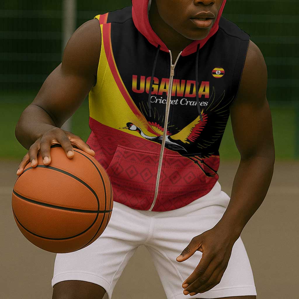 Afro Cricket Uganda Custom Sleeveless Zip Hoodie Go Cranes African Pattern - African Pride