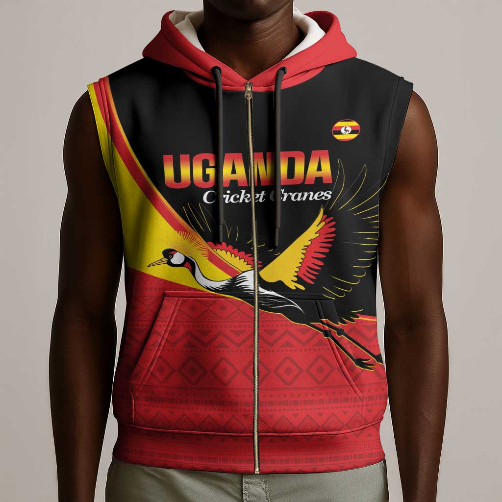 Afro Cricket Uganda Custom Sleeveless Zip Hoodie Go Cranes African Pattern - African Pride