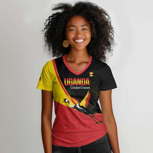 Afro Cricket Uganda Custom Women V-Neck T-Shirt Go Cranes African Pattern - African Pride