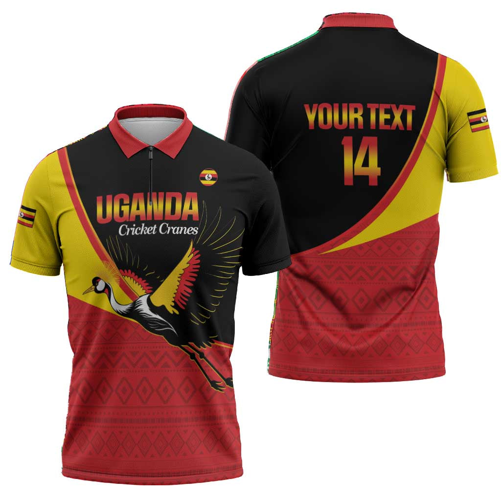Custom Uganda Cricket Zipper Polo Shirt Go Cranes African Pattern