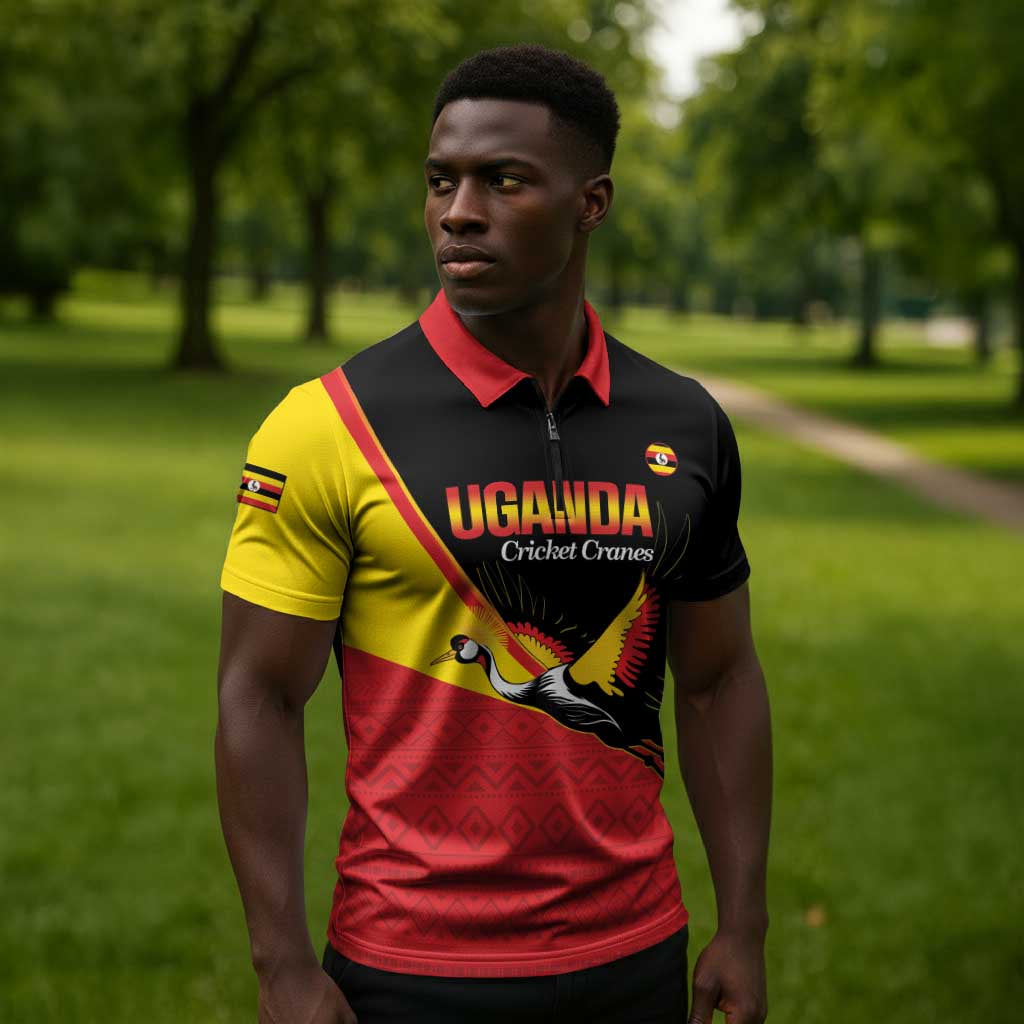 Custom Uganda Cricket Zipper Polo Shirt Go Cranes African Pattern
