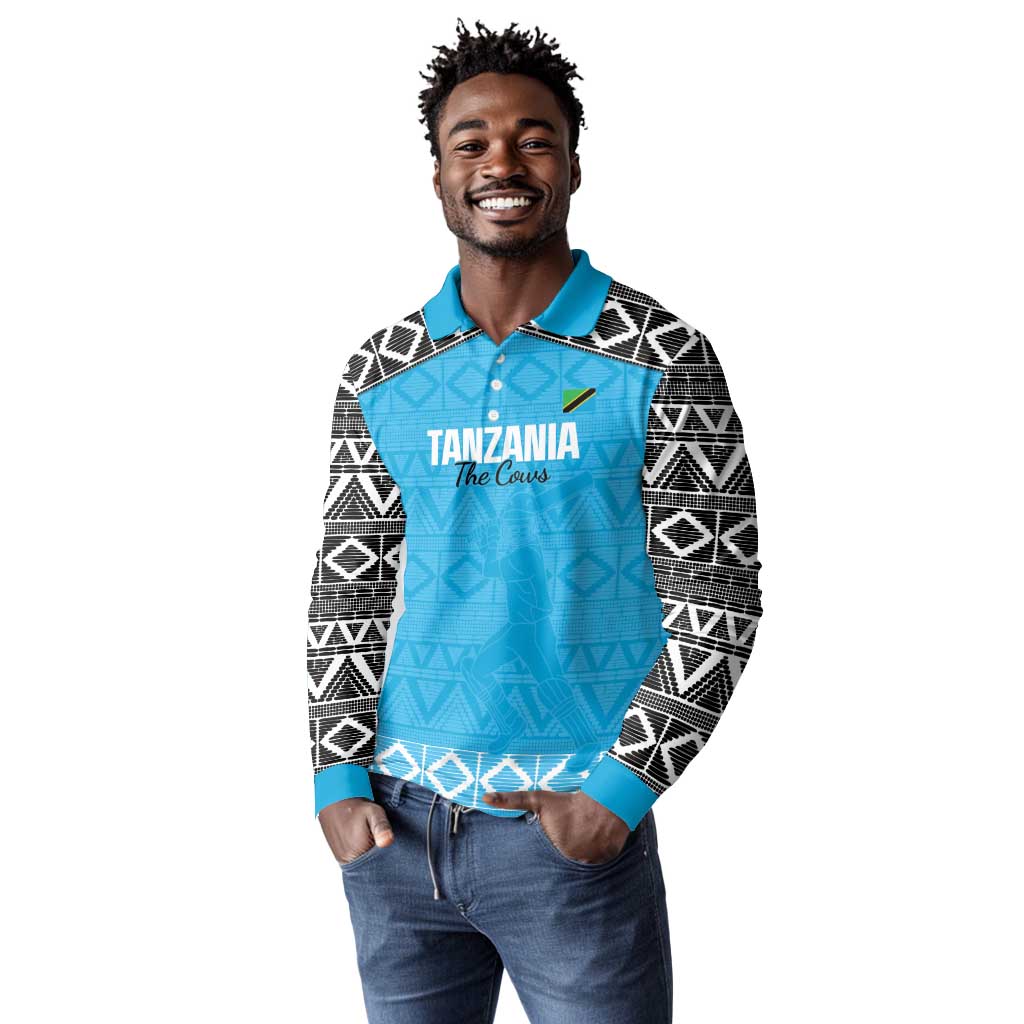 Afro Cricket Tanzania Custom Long Sleeve Polo Shirt Go Cows Sporty African Pattern - African Pride