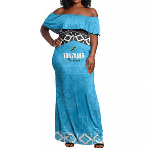 Afro Cricket Tanzania Custom Off Shoulder Maxi Dress Go Cows Sporty African Pattern - African Pride