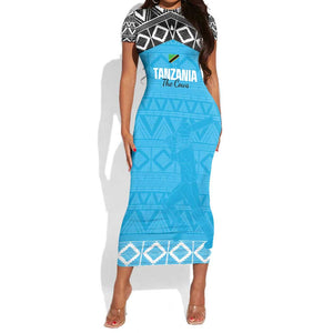 Afro Cricket Tanzania Custom Short Sleeve Bodycon Dress Go Cows Sporty African Pattern - African Pride