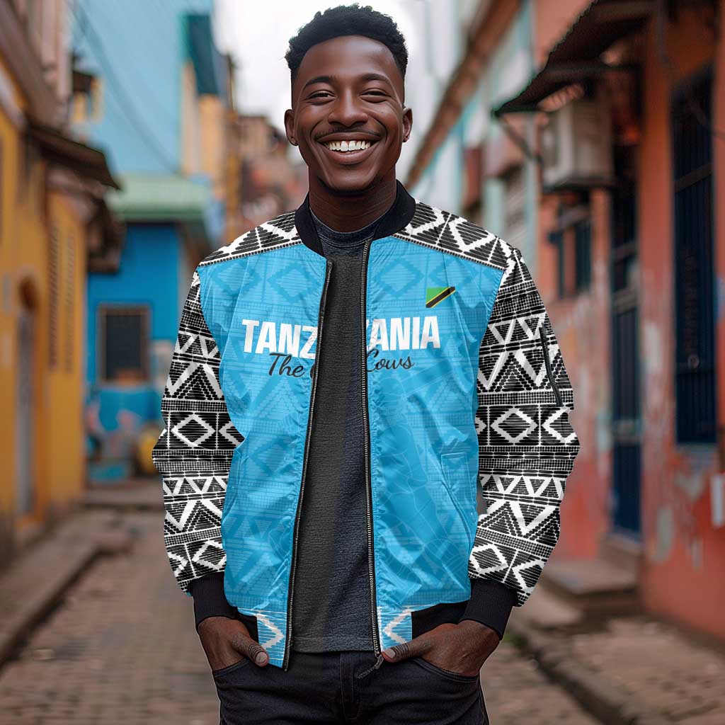 Afro Cricket Tanzania Custom Sleeve Zip Bomber Jacket Go Cows Sporty African Pattern - African Pride