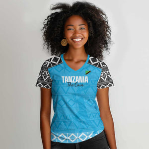 Afro Cricket Tanzania Custom Women V-Neck T-Shirt Go Cows Sporty African Pattern - African Pride
