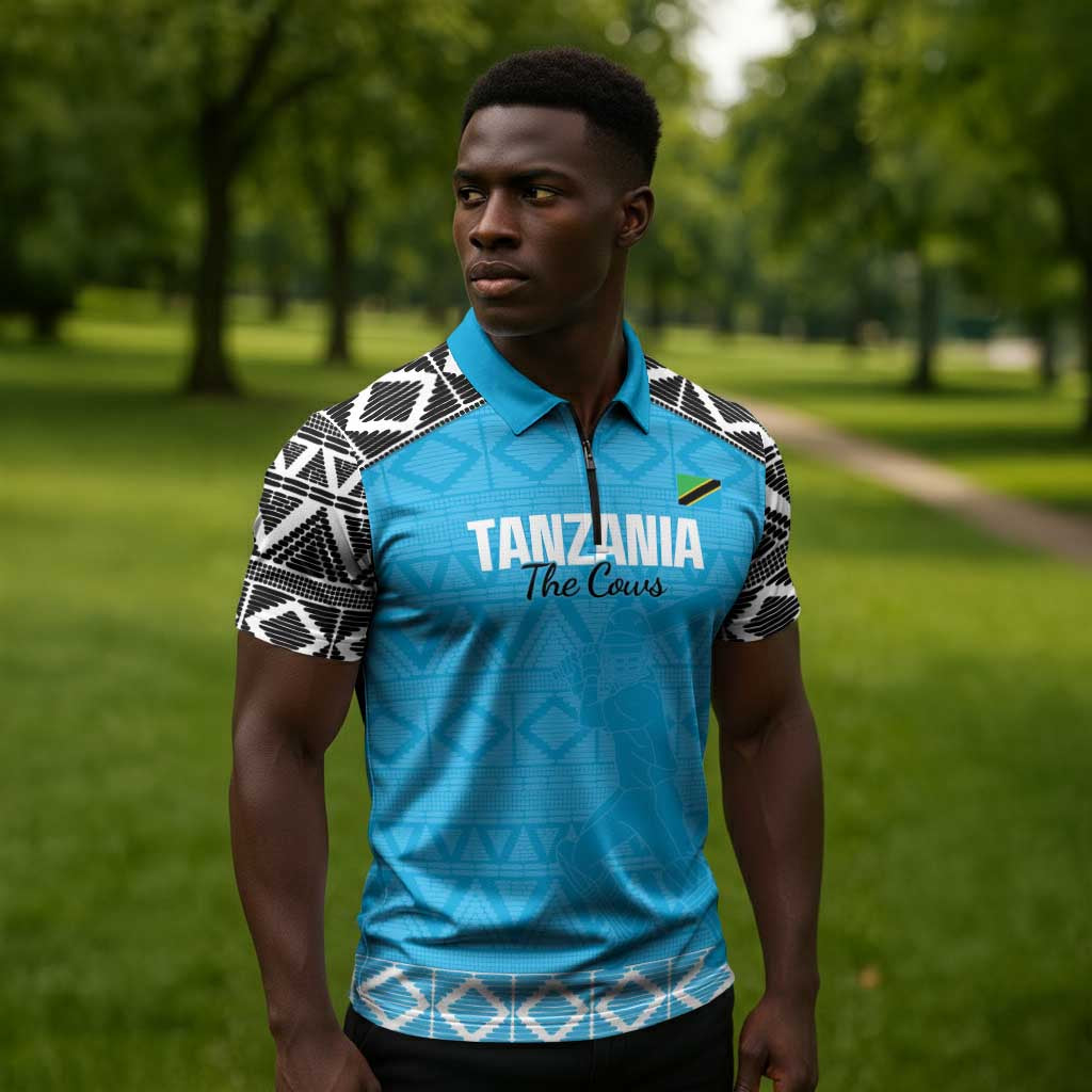 Custom Tanzania Cricket Zipper Polo Shirt Go Cows Sporty African Pattern