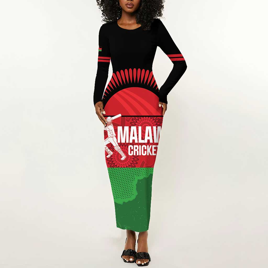 Afro Cricket Malawi Custom Long Sleeve Bodycon Dress Go Champions Flag Style - African Pride