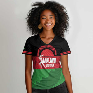 Afro Cricket Malawi Custom Women V-Neck T-Shirt Go Champions Flag Style - African Pride