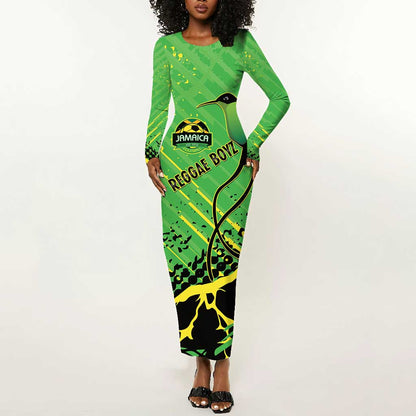 Custom Jamaica Football Long Sleeve Bodycon Dress Come On Reggae Boyz Red-billed streamertail - African Pride