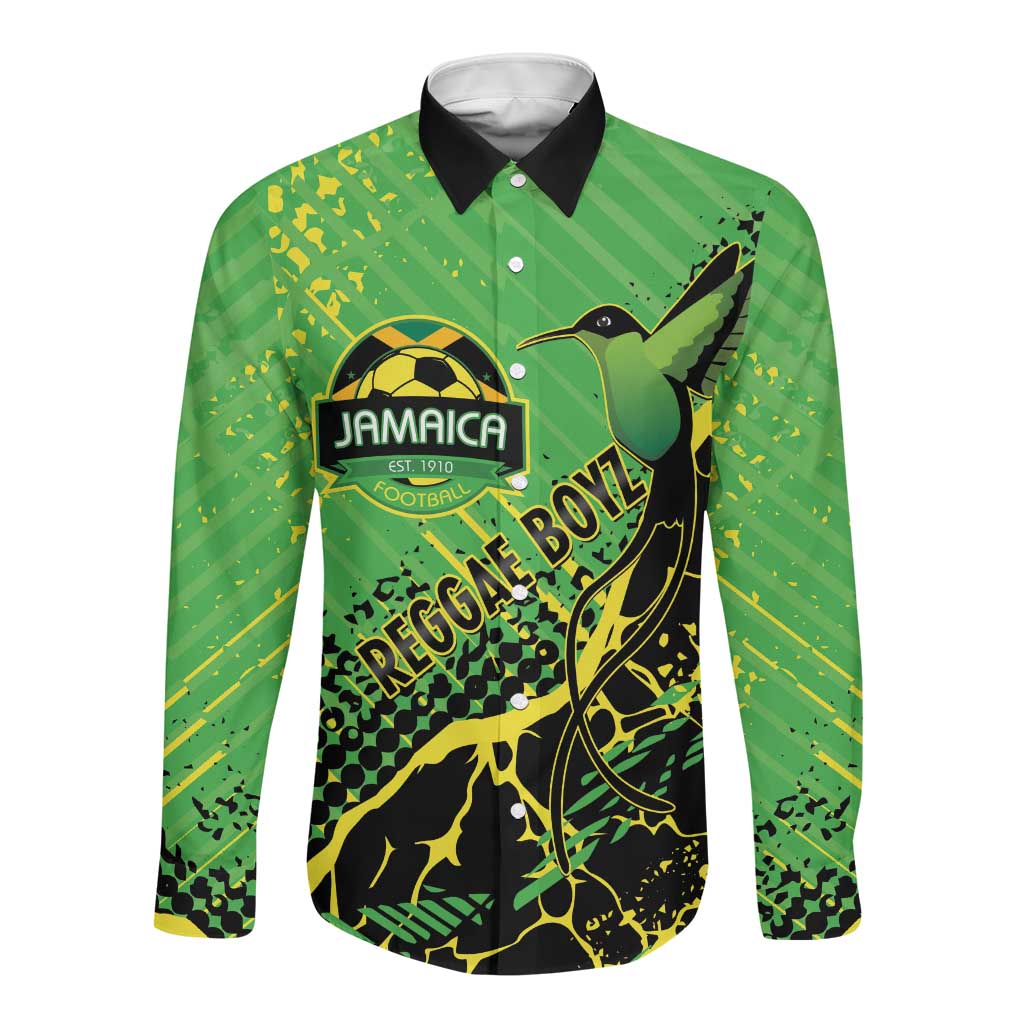 Custom Jamaica Football Long Sleeve Button Shirt Come On Reggae Boyz Red-billed streamertail - African Pride