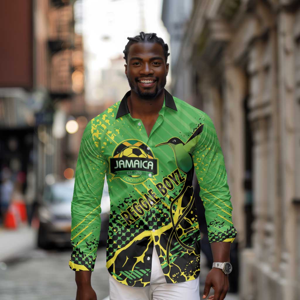 Custom Jamaica Football Long Sleeve Button Shirt Come On Reggae Boyz Red-billed streamertail - African Pride